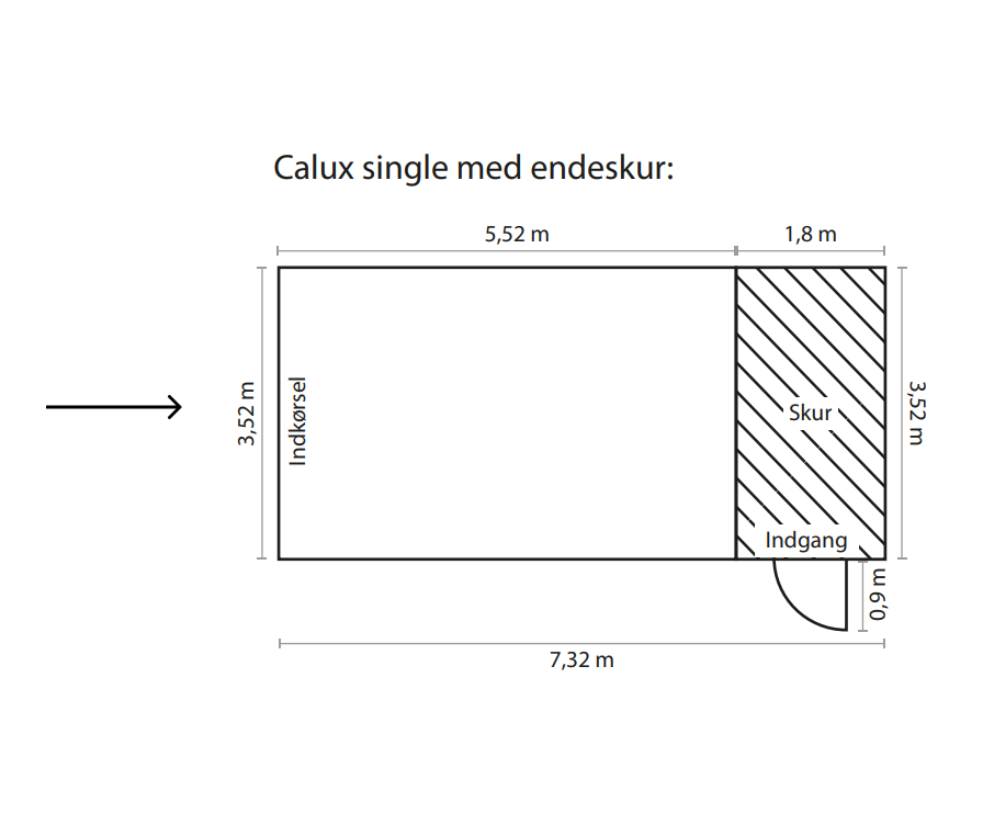 CALUX Single carport med endeskur illustration med pil til indkørsel