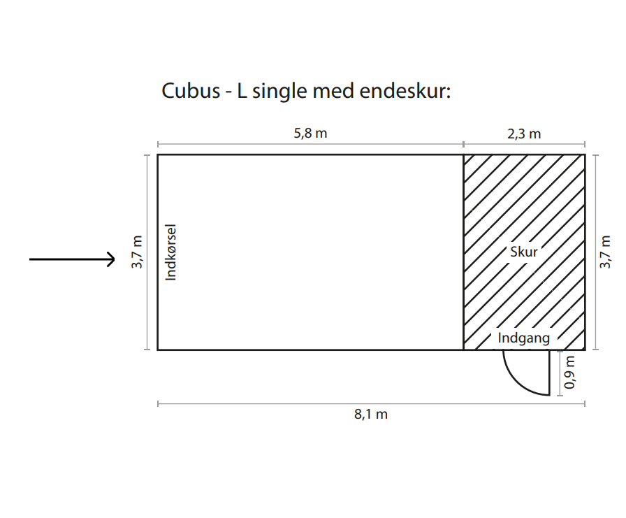 CUBUS-L single carport med endeskur grundplanstegning med pil