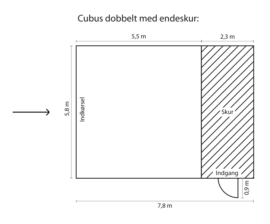 CUBUS Dobbelt carport med endeskur grundplanstegning med pil