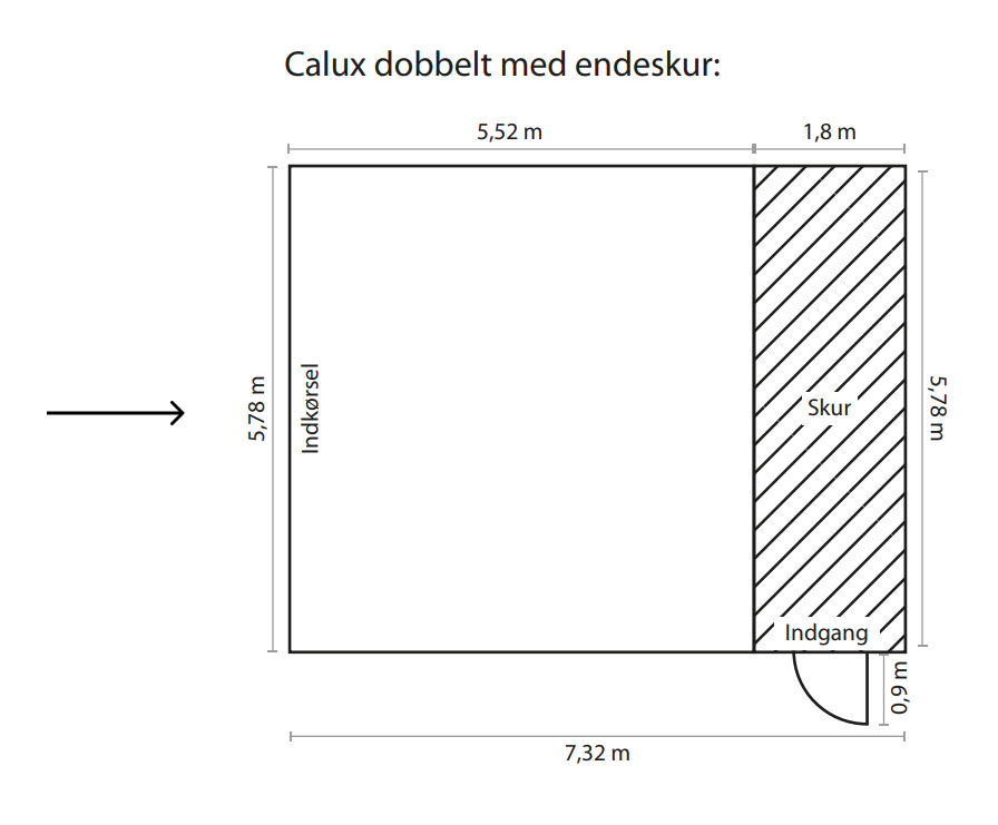 CALUX Dobbelt carport med endeskur grundplanstegning med pil